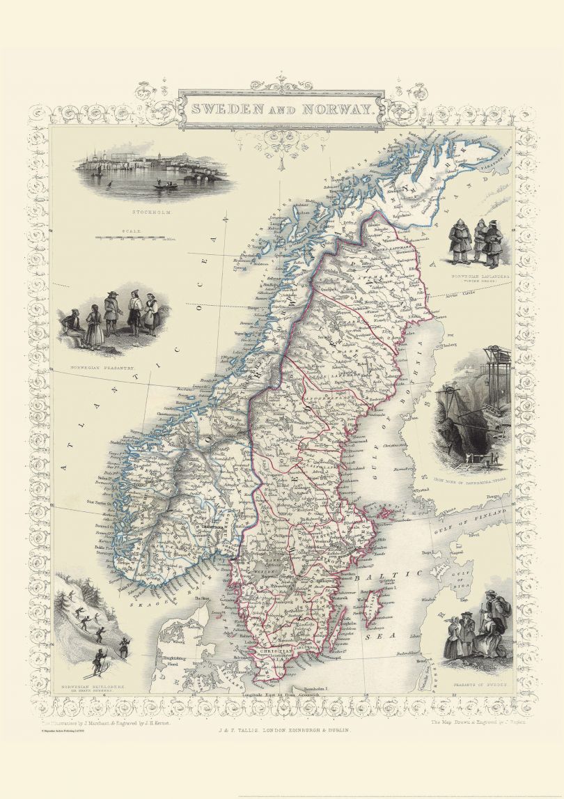 Vintage John Tallis Map of Sweden and Norway 1851