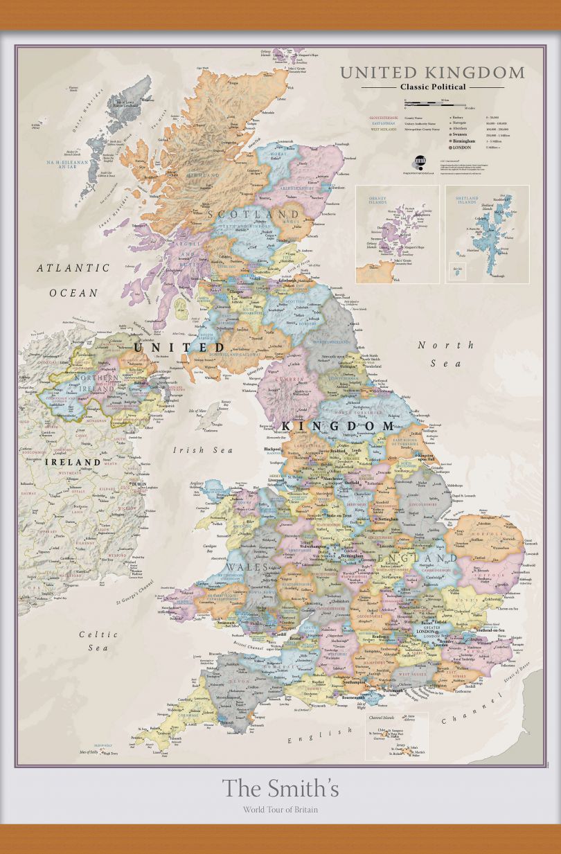 Medium Personalised UK Classic Wall Map (Wooden hanging bars)