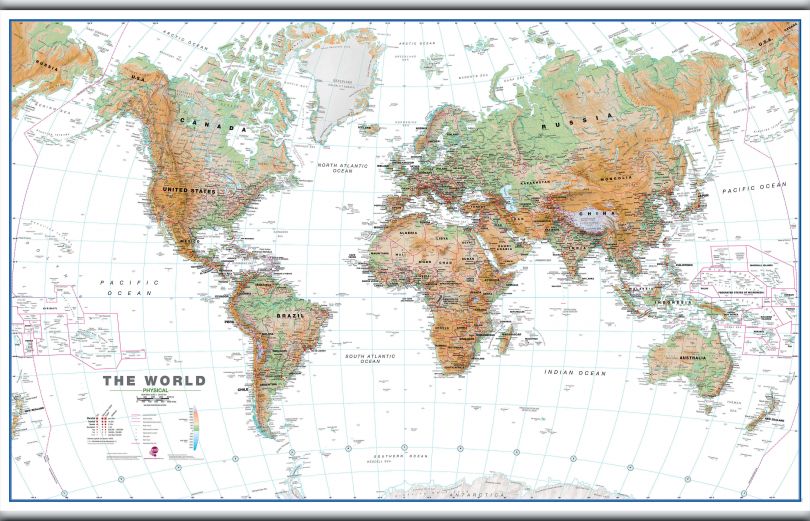 Huge World Wall Map Physical White Ocean (Hanging bars)