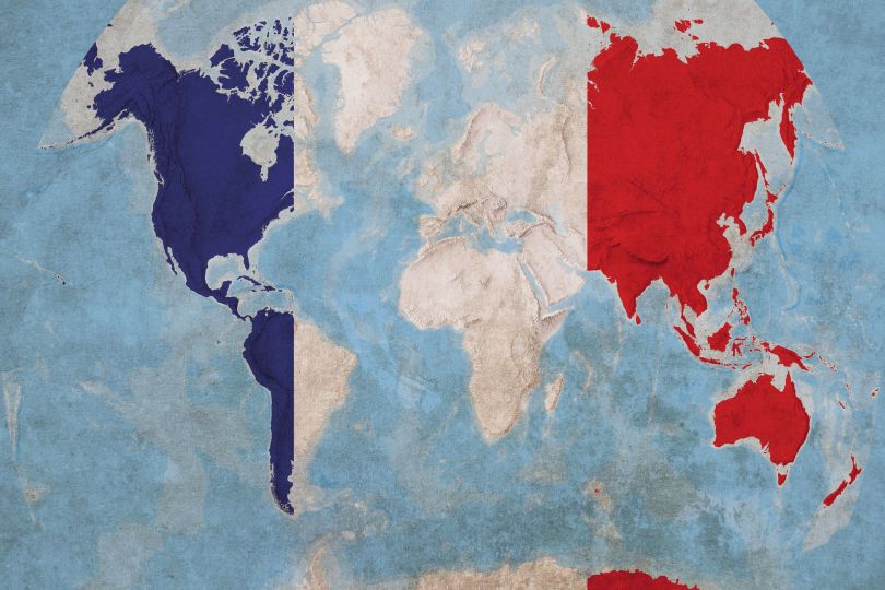 Large France Flag Map of the World (Rolled Canvas - No Frame)
