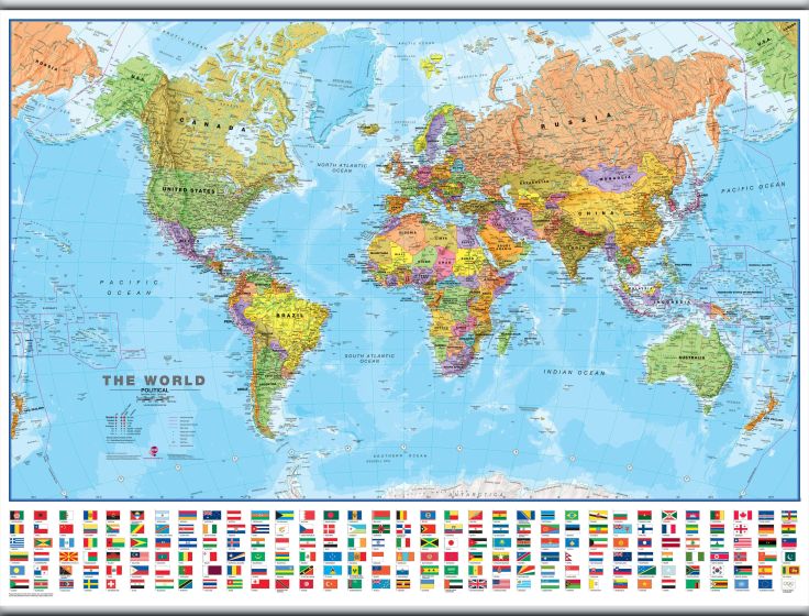 Large World Wall Map Political with flags (Rolled Canvas with Hanging Bars)