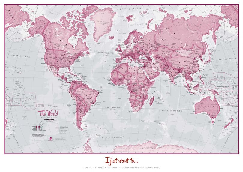 Personalised World Is Art - Wall Map Pink