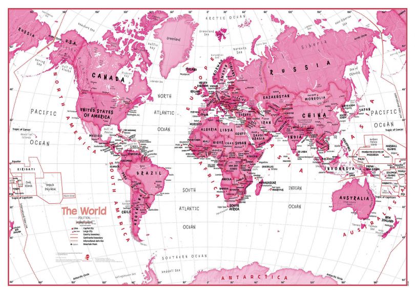 Large Children's Art Map of the World Pink (Raster digital)