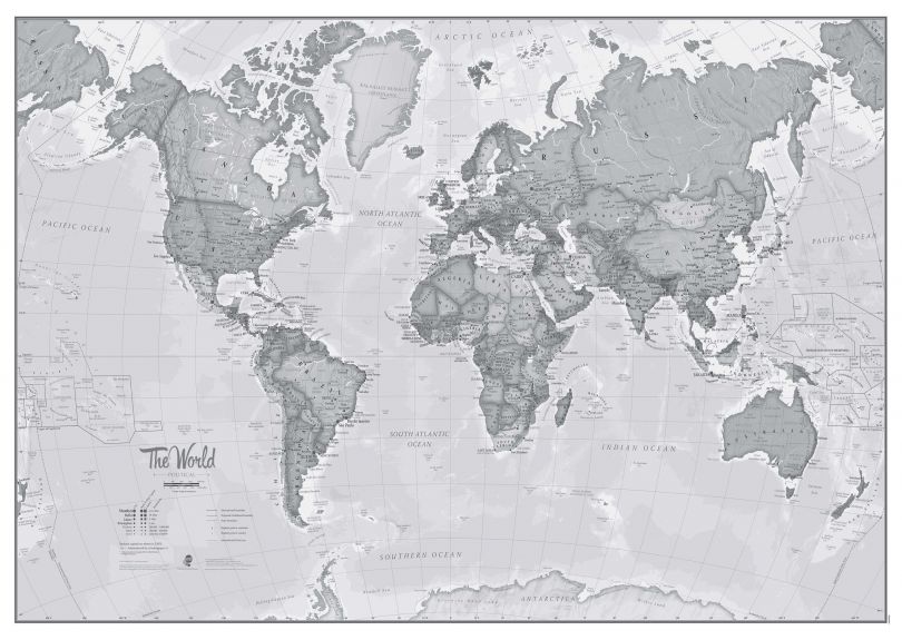 Large The World Is Art - Wall Map Grey (Magnetic board and frame)