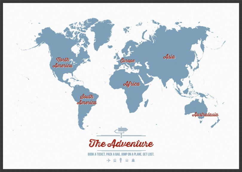 Large Personalised Travel Map of the World - Denim (Wood Frame - Black)