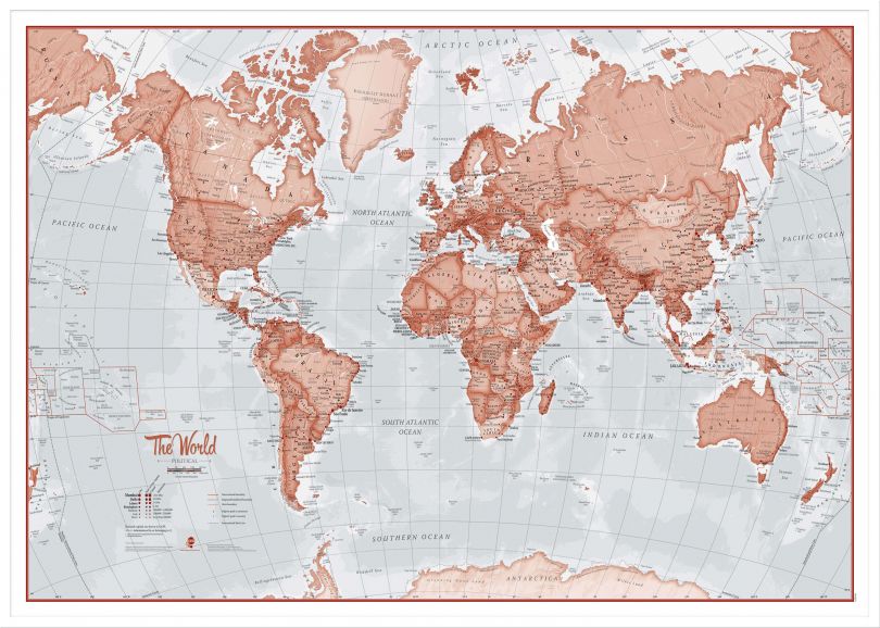 Large The World Is Art - Wall Map Red (Pinboard & wood frame - White)