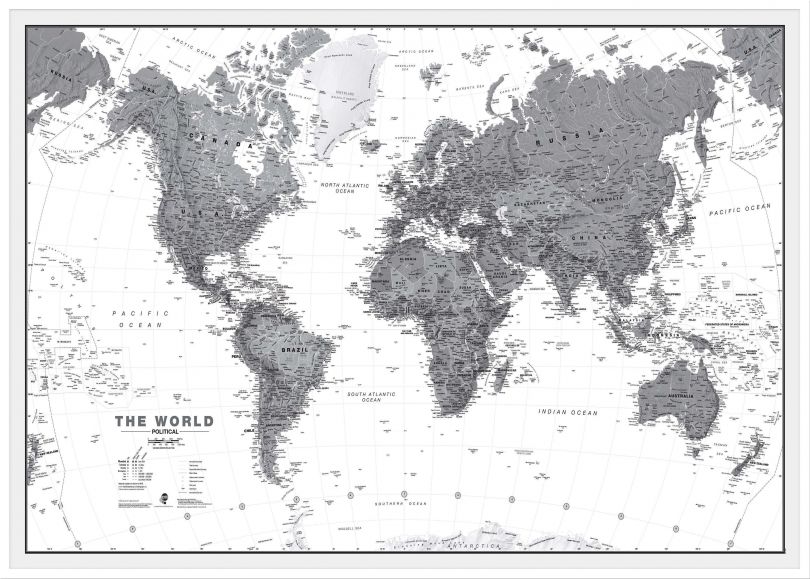 Large World Wall Map Political Black & White (Wood Frame - White)