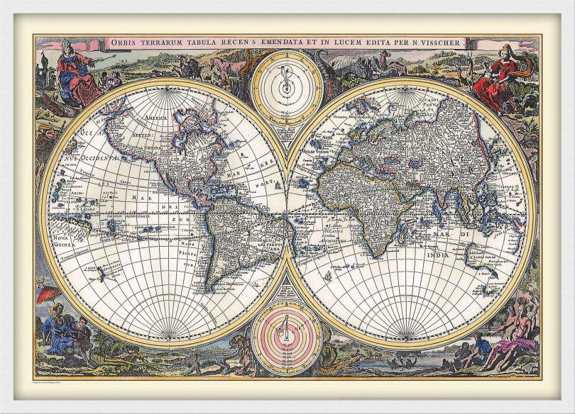 Small Vintage Double Hemisphere World Map 1700 (Wood Frame - White)