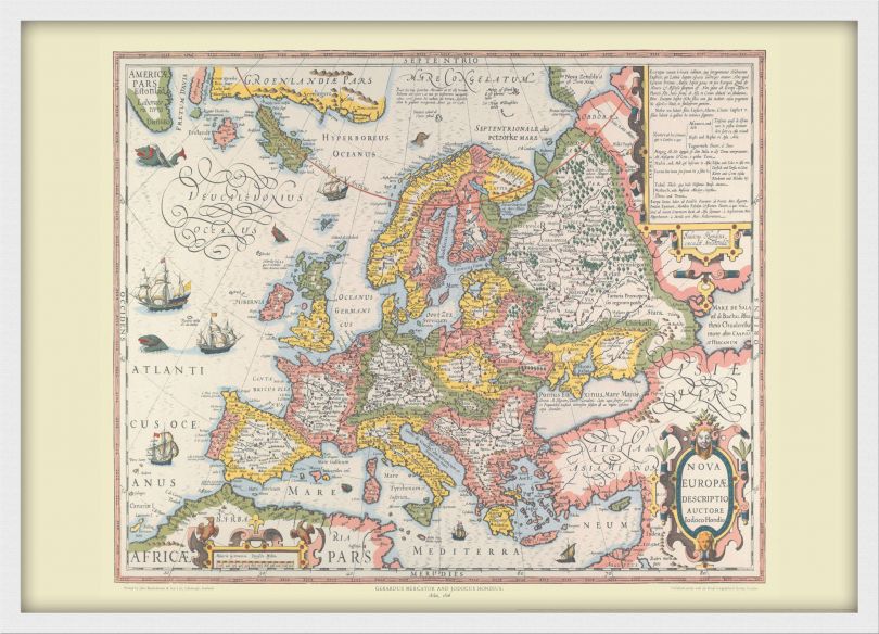 Small Vintage Gerard Mercator Europe Map 1606 (Wood Frame - White)