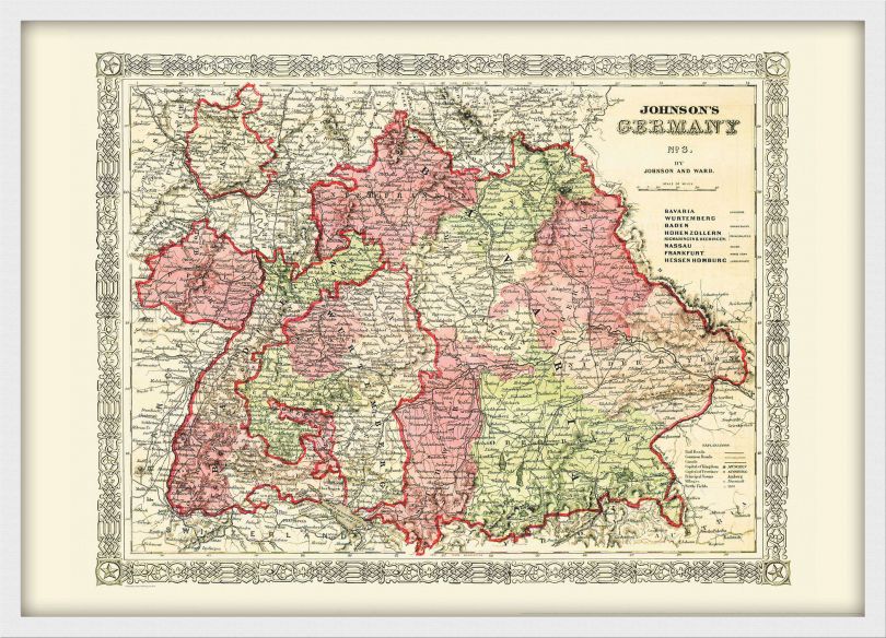 Medium Vintage Johnsons Map of Germany No 3 (Wood Frame - White)