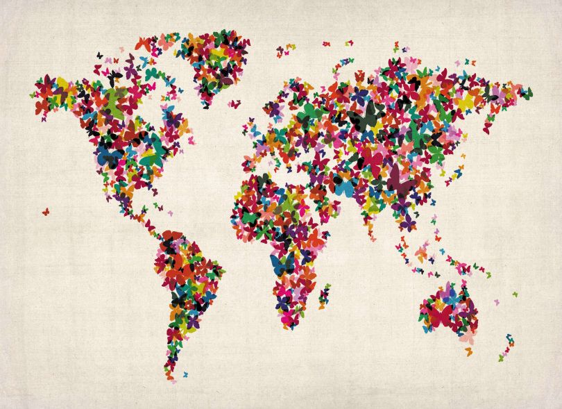Small Butterflies Map of the World (Rolled Canvas - No Frame)