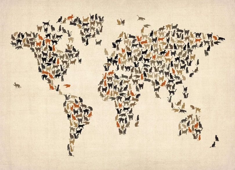 Huge Cats Map of the World (Rolled Canvas - No Frame)