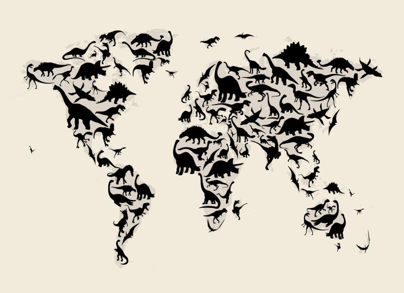 Small Dinosaur Map of the World Map (Rolled Canvas - No Frame)