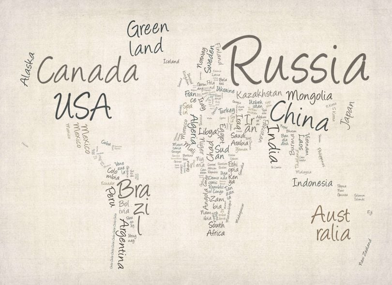 Medium Writing Text Map of the World (Rolled Canvas - No Frame)