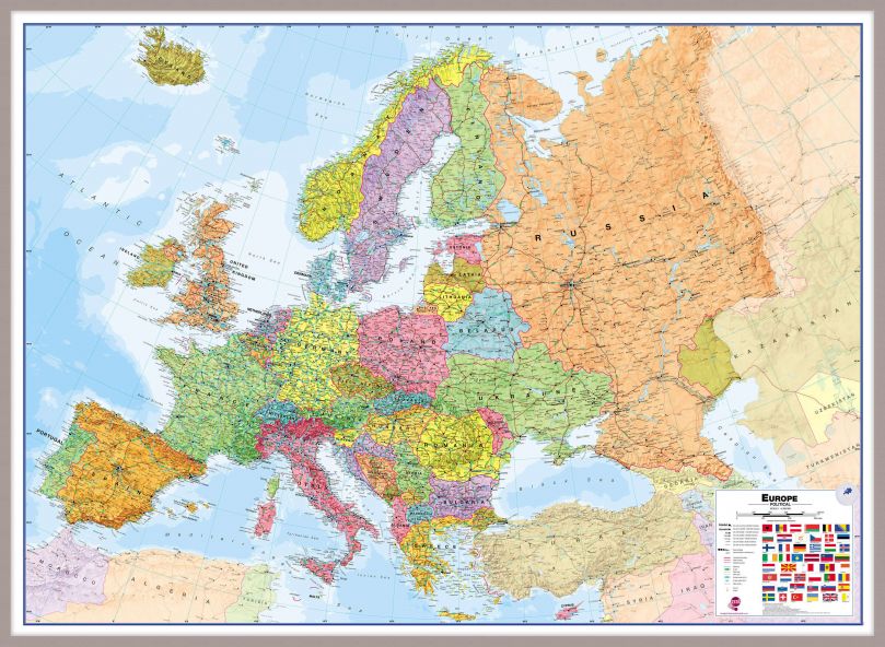 Huge Europe Wall Map Political (Pinboard & framed - Silver)