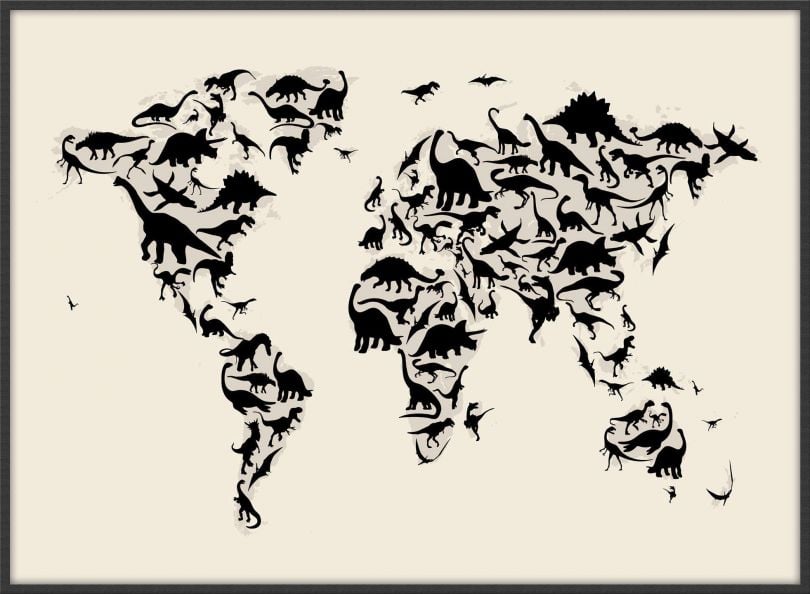 Large Dinosaur Map of the World Map (Wood Frame - Black)