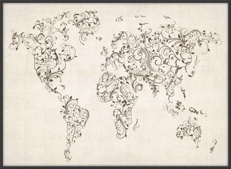 Large Floral Swirls Map of the World (Pinboard & wood frame - Black)