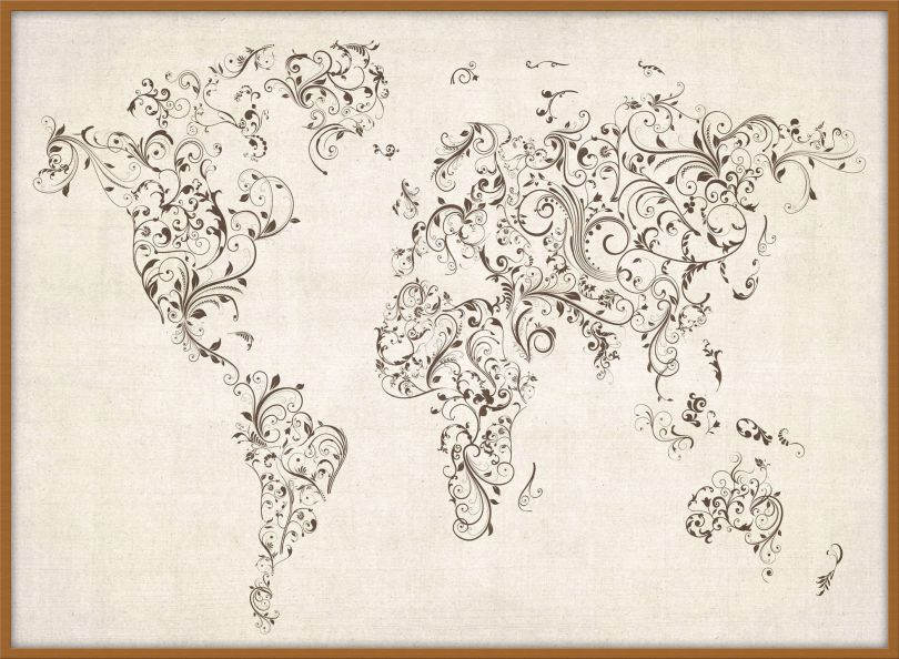 Large Floral Swirls Map of the World (Pinboard & wood frame - Teak)