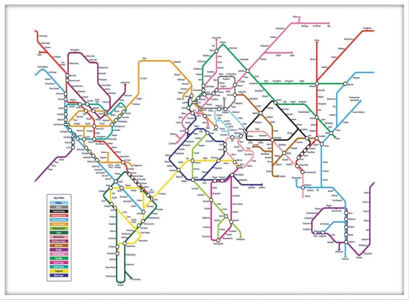 Large Metro Subway Map of the World  (Wood Frame - White)