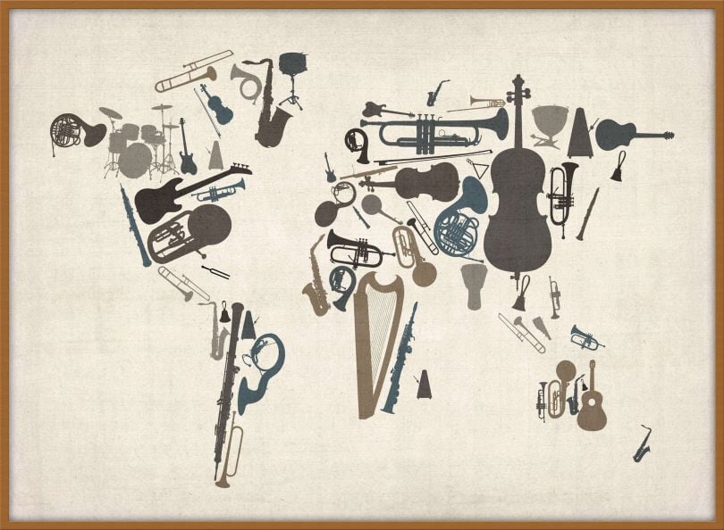 Large Musical Instruments Map of the World  (Pinboard & wood frame - Teak)