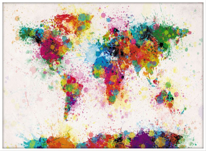 Large Paint Splashes Map of the World (Wood Frame - White)