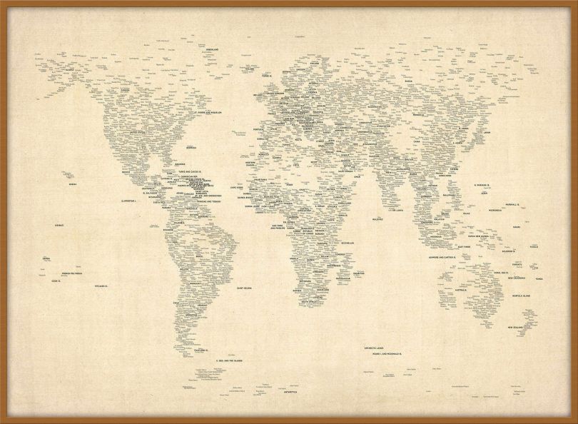 Large Typography World Map of Cities (Wood Frame - Teak)