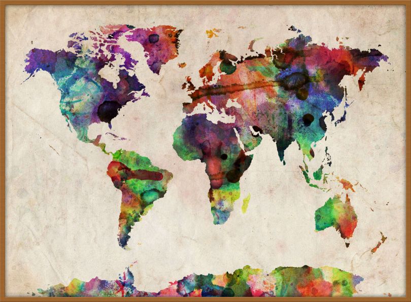 Large Urban Watercolor Map of the World (Wood Frame - Teak)
