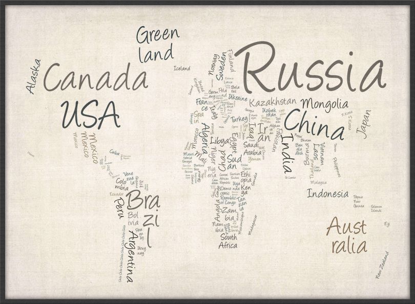 Large Writing Text Map of the World (Pinboard & wood frame - Black)