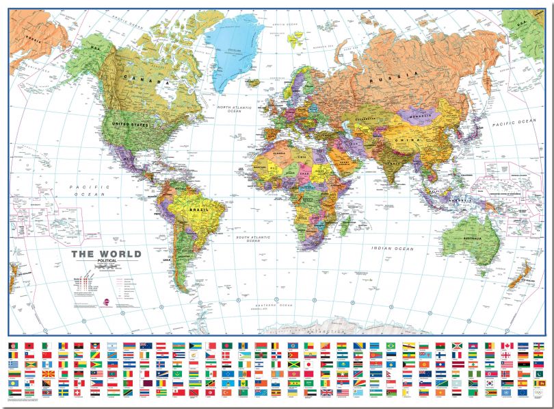 Large World Wall Map Political With Flags White Ocean Pinboard