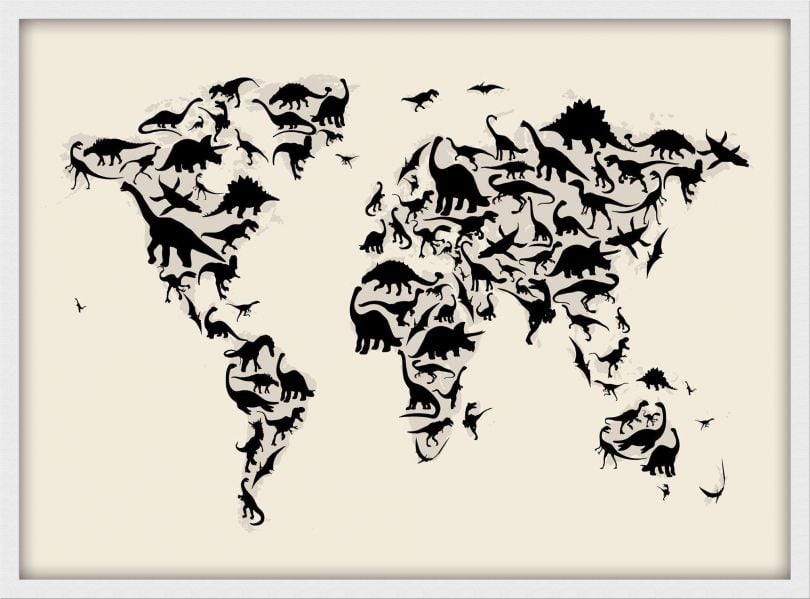 Small Dinosaur Map of the World Map (Wood Frame - White)