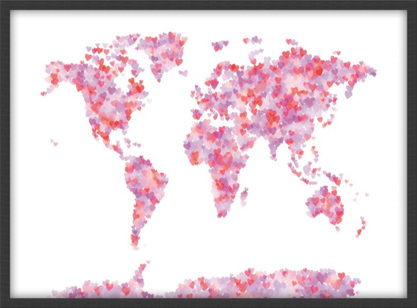Medium Love Hearts Map of the World (Pinboard & wood frame - Black)
