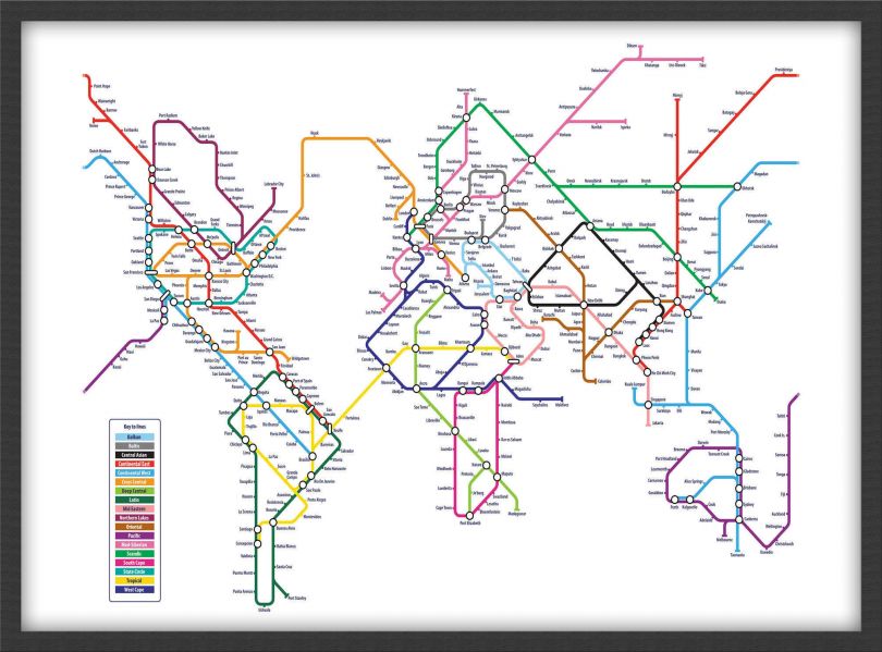 Small Metro Subway Map of the World  (Pinboard & wood frame - Black)