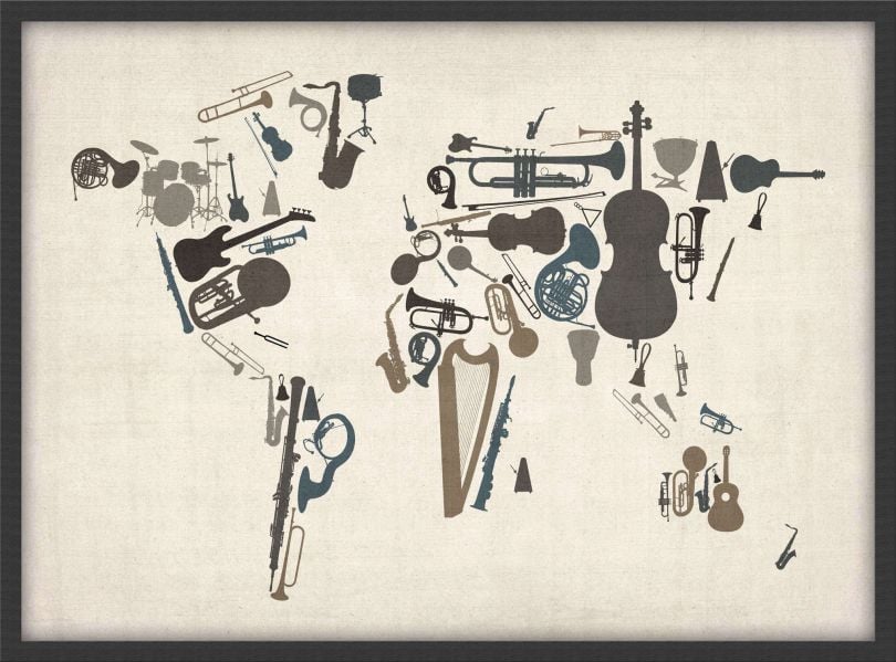 Medium Musical Instruments Map of the World  (Wood Frame - Black)
