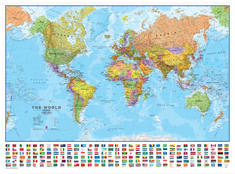 Large World Wall Map Political with flags (Wood Frame - White)