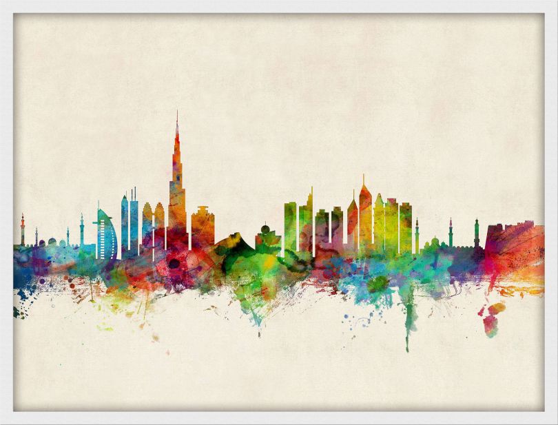 Medium Dubai Watercolour Skyline (Pinboard & wood frame - White)