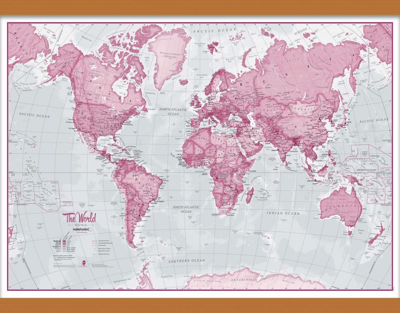 Medium The World Is Art - Wall Map Pink (Wooden hanging bars)