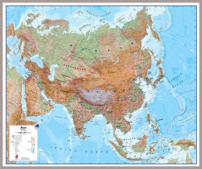 Large Asia Wall Map Physical (Pinboard & framed - Silver)