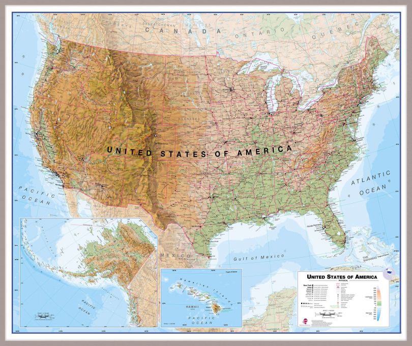 Huge USA Wall Map Physical (Pinboard & framed - Silver)