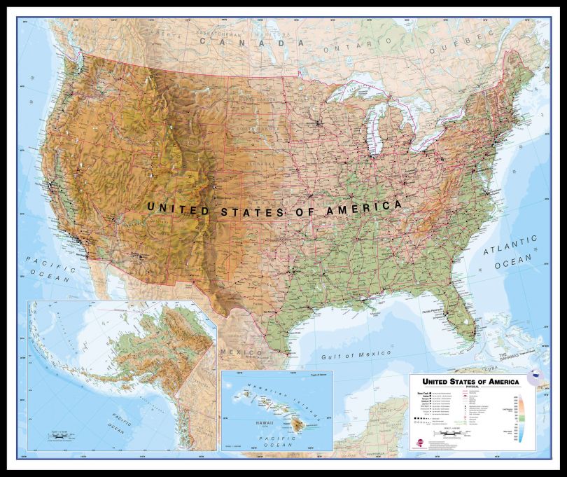 Huge USA Wall Map Physical (Pinboard & framed - Black)