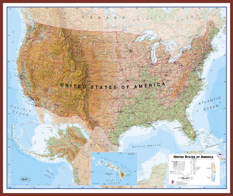Huge USA Wall Map Physical (Pinboard & framed - Dark Oak)