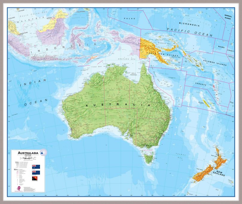Large Australasia Wall Map Political (Pinboard & framed - Silver)