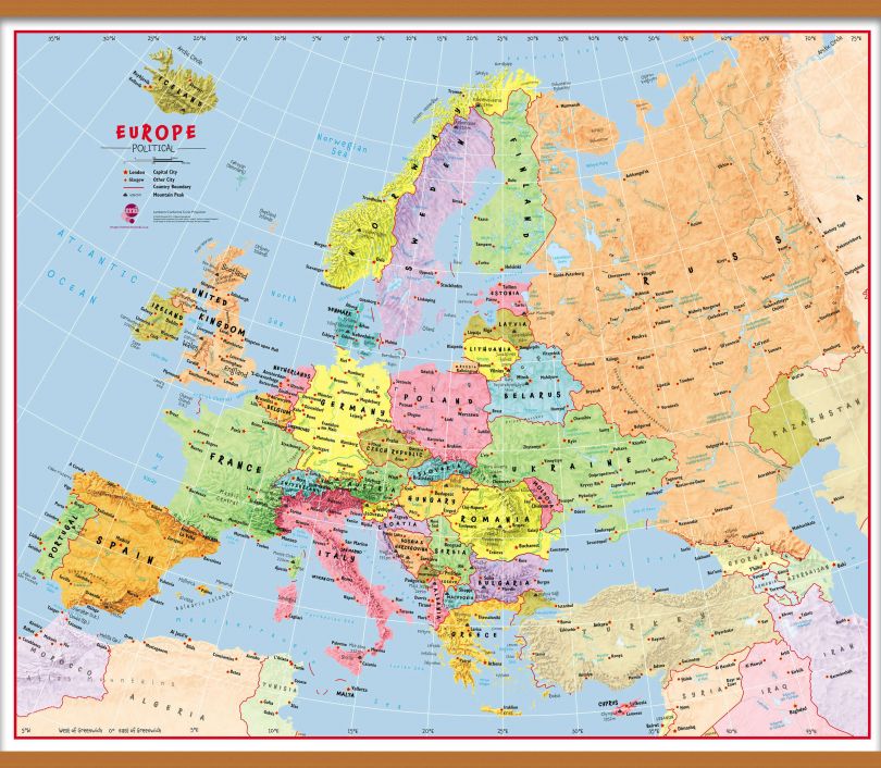 Huge Primary Europe Wall Map Political (Wooden hanging bars)