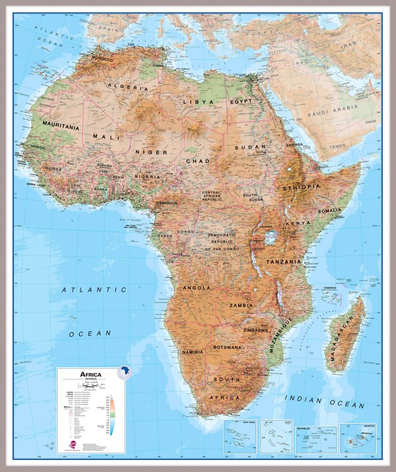 Huge Africa Wall Map Physical (Pinboard & framed - Silver)