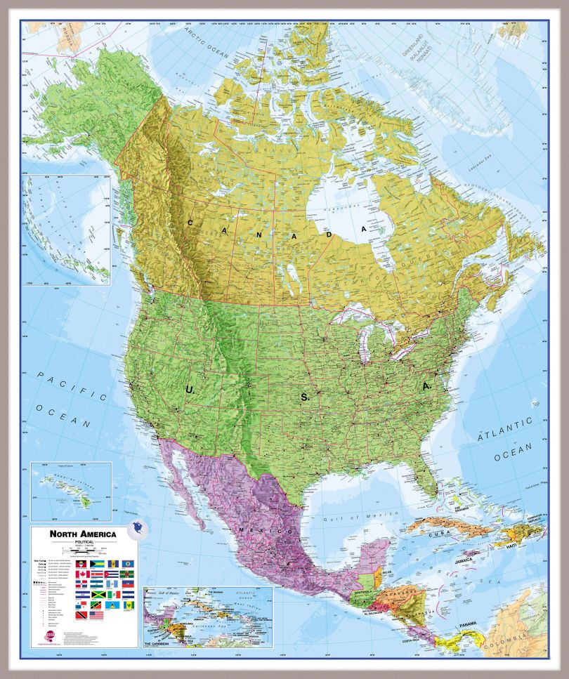 Large North America Wall Map Political (Pinboard & framed - Silver)