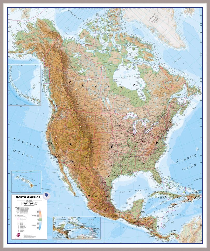 Huge North America Wall Map Physical (Pinboard & framed - Silver)