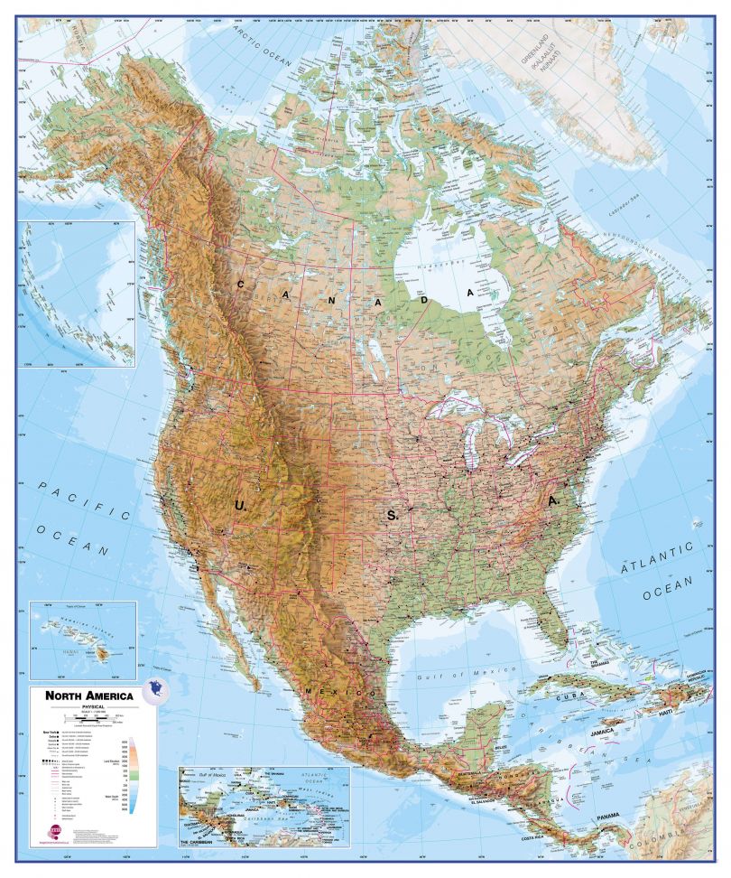 Large North America Wall Map Physical (Magnetic board and frame)
