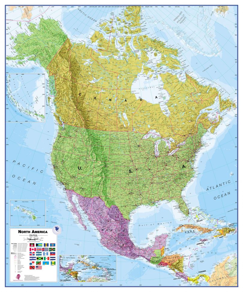 Large North America Wall Map Political (Magnetic board and frame)