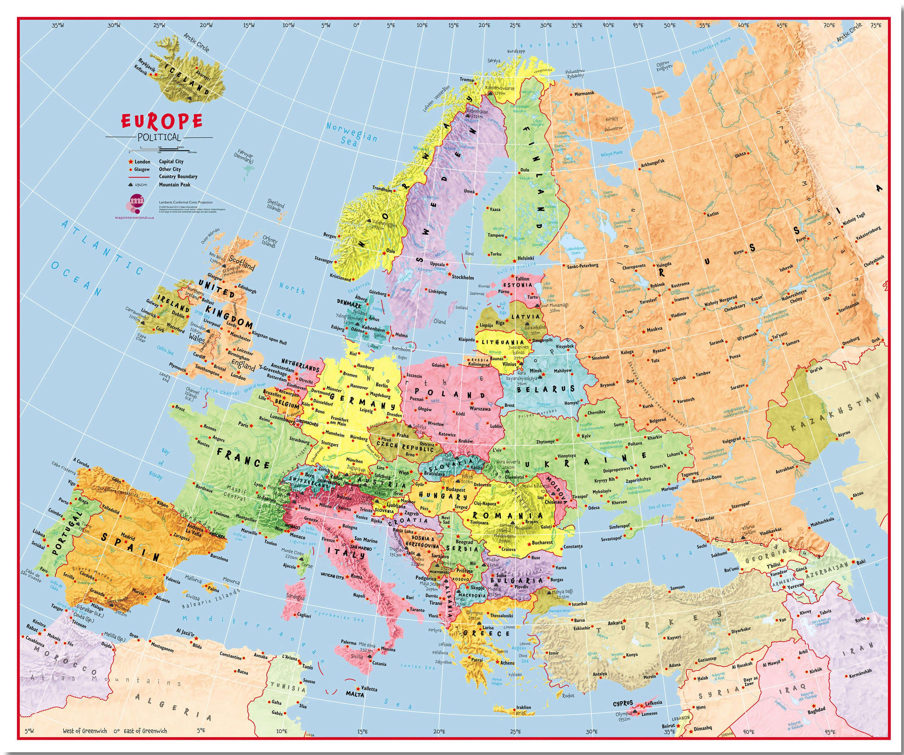 Large Primary Europe Wall Map Political Pinboard