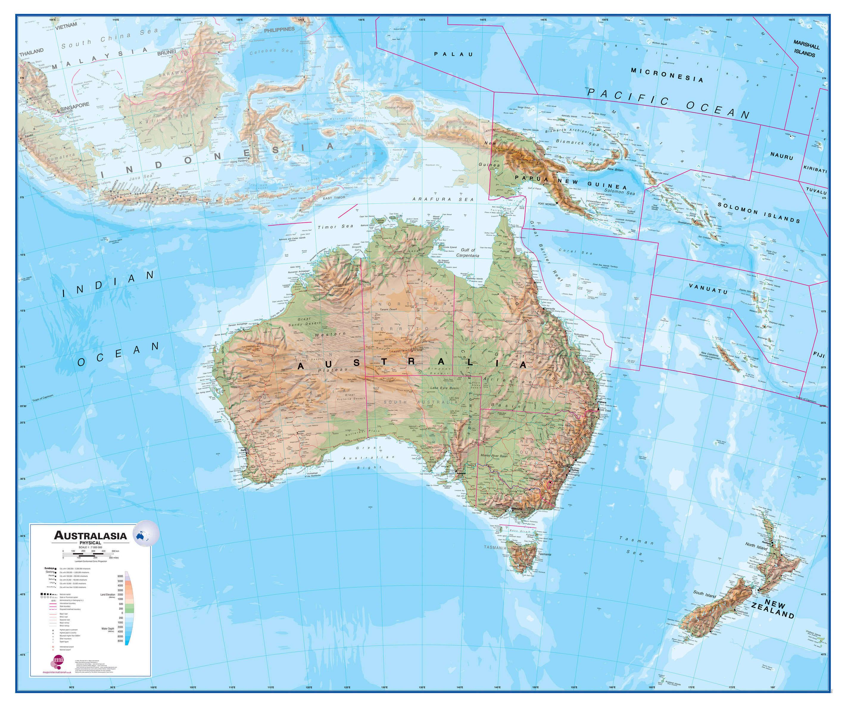 Large Australasia Wall Map Physical (Rolled Canvas - No Frame)