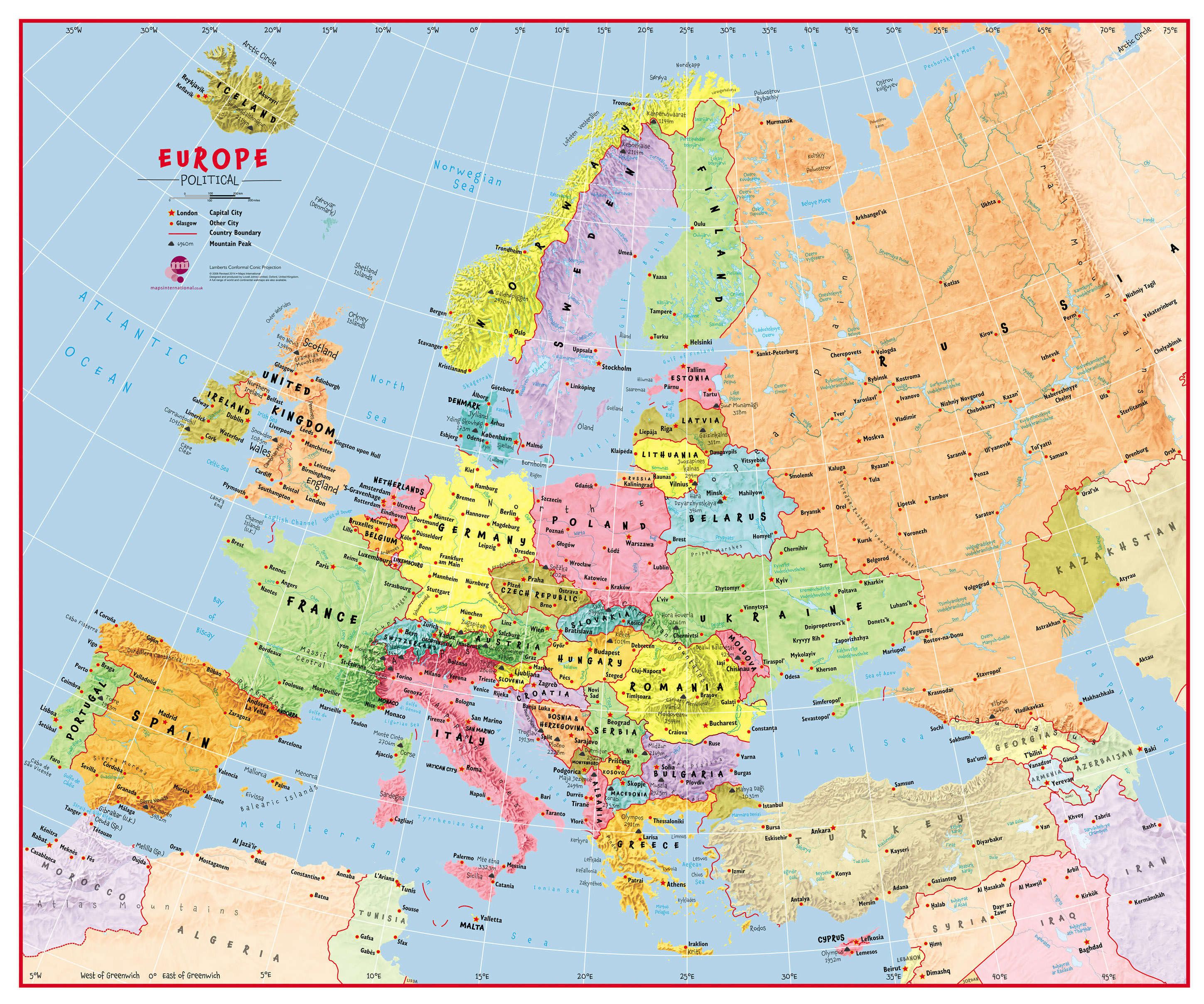 Large Primary Europe Wall Map Political (Laminated)